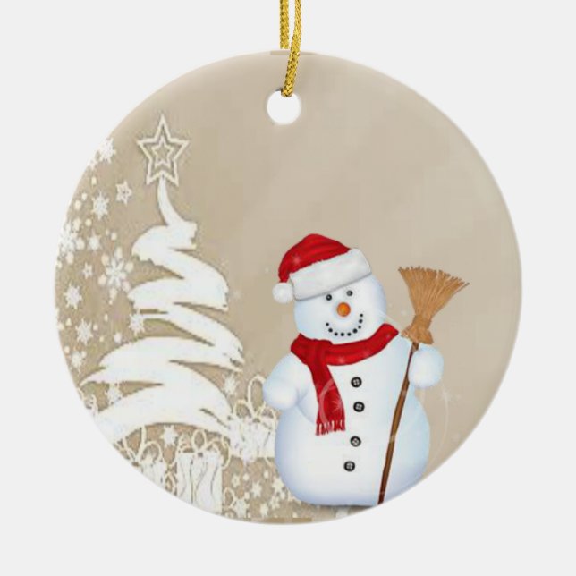 Christmas Circle Ornament, Snowman Ceramic Tree Decoration (Front)