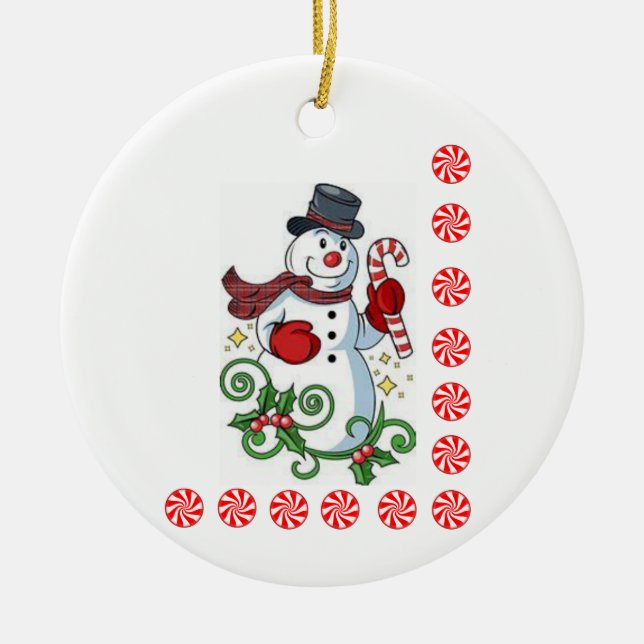 Christmas Circle Ornament, Snowman Ceramic Tree Decoration (Front)