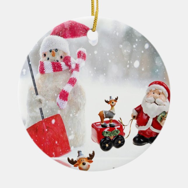 Christmas Circle Ornament, Snowman Ceramic Tree Decoration (Front)