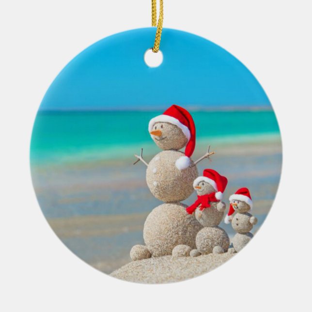 Christmas Circle Ornament, Snowman Ceramic Tree Decoration (Front)