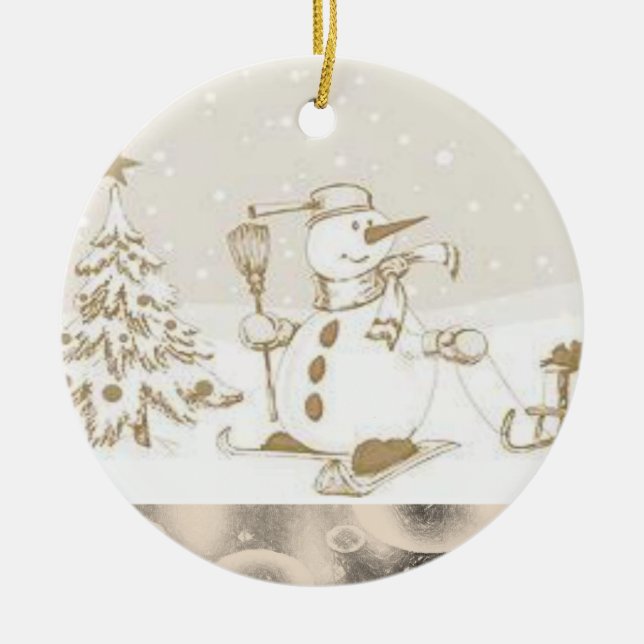 Christmas Circle Ornament, Snowman Ceramic Tree Decoration (Front)