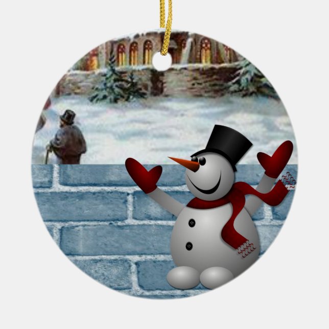 Christmas Circle Ornament, Snowman Ceramic Tree Decoration (Front)