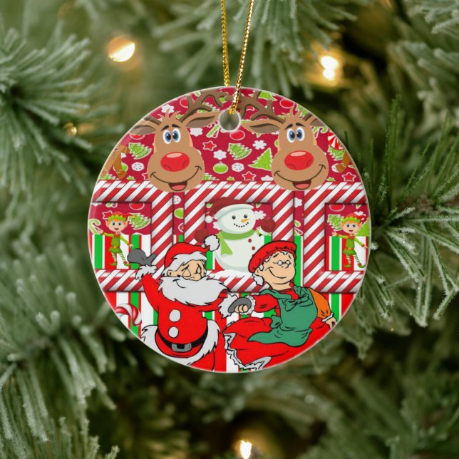 Christmas Circle Ornament, Snowman Reindeer Elf Ceramic Tree Decoration (Tree)