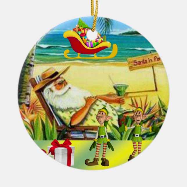 Christmas Circle Ornament, Summer Beach Santa Ceramic Tree Decoration (Front)