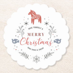 Christmas circle ornament typography & animals paper coaster