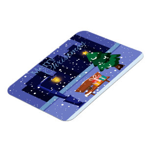 Christmas cityscape with street lamp, tree and gif magnet