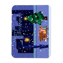 Christmas cityscape with street lamp, tree and gif