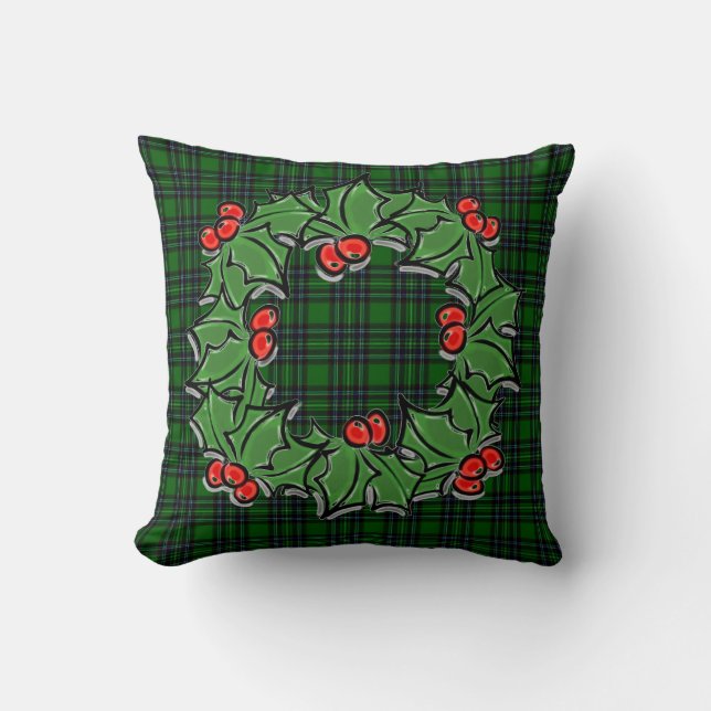 Christmas classic green plaid red holly leaves cushion (Front)