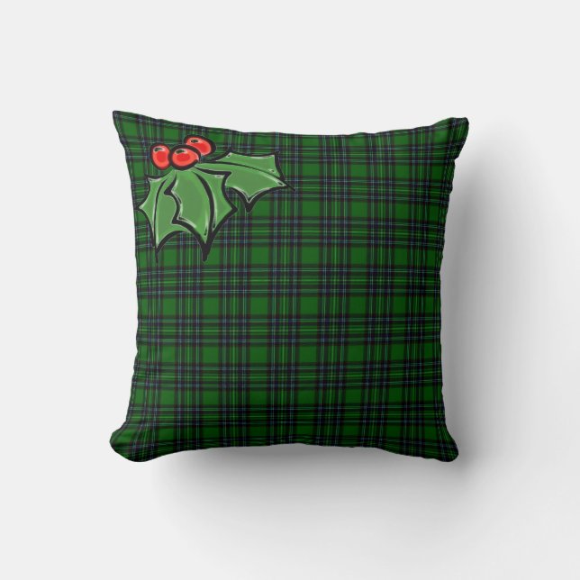 Christmas classic green plaid red holly leaves cushion (Front)