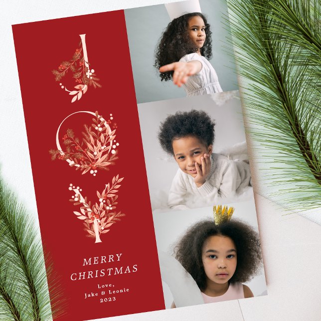 Christmas Classic Red Leafy Bold JOY Collage Photo Holiday Card (Creator Uploaded)