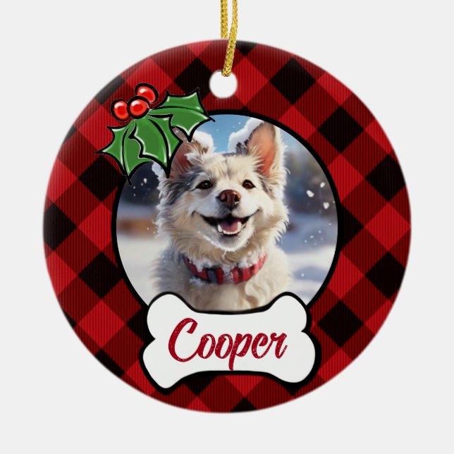 Christmas classic Red Plaid Holly berries leaves Ceramic Tree Decoration (Front)