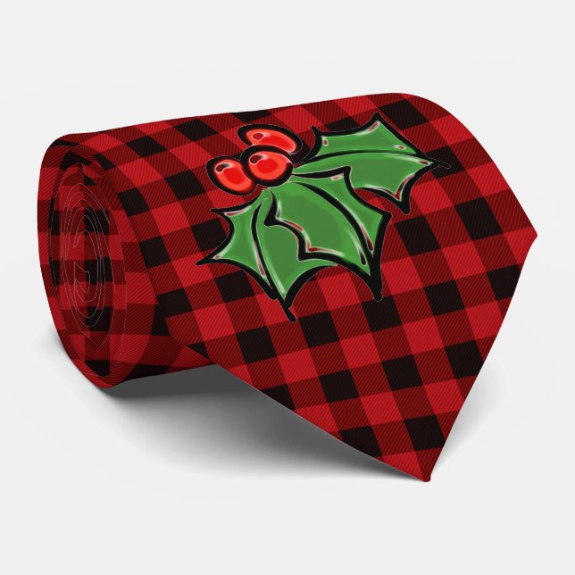 Christmas classic Red Plaid Holly berries leaves Tie (Rolled)