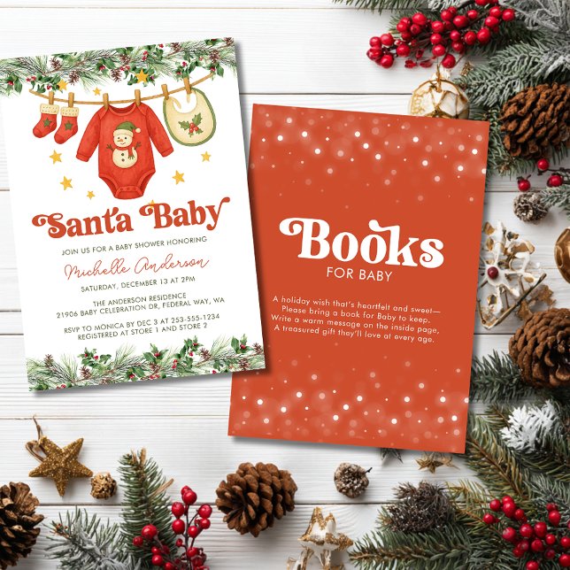 Christmas Clothesline Baby Shower and Book Request Invitation (Christmas Clothesline Baby Shower and Book Request Invitation)
