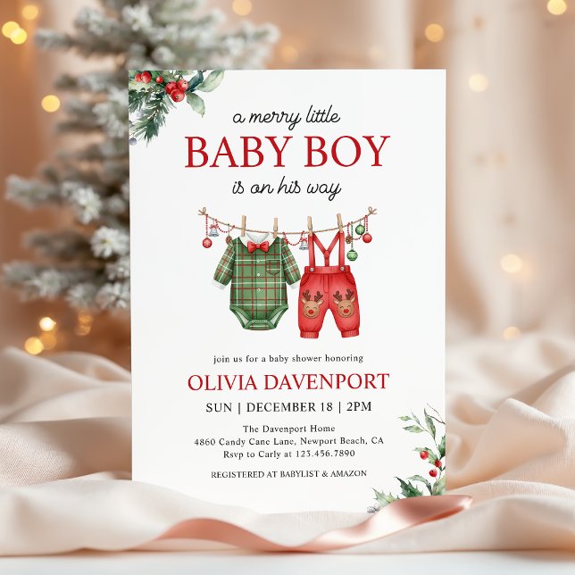 Christmas Clothesline Merry Little Boy Baby Shower Invitation (Creator Uploaded)