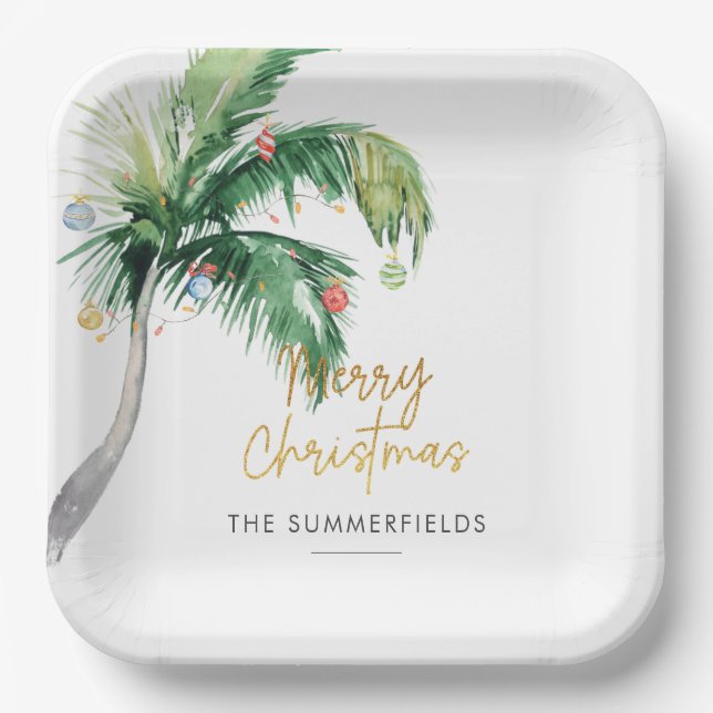Christmas Coastal Holidays Palm Tree Paper Plate (Front)