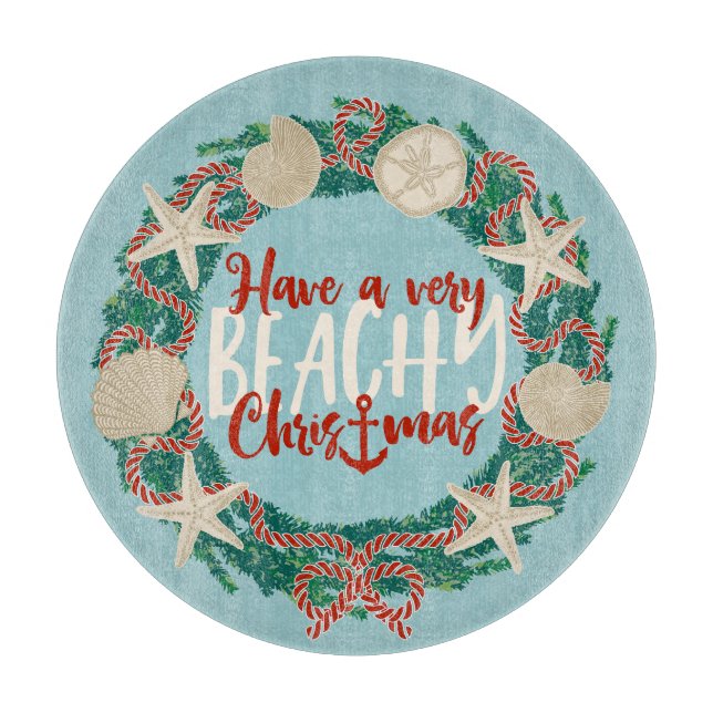 Christmas Coastal Tropical Sea Shell Wreath -Aqua Cutting Board (Front)