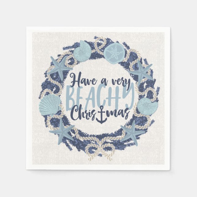 Christmas Coastal Tropical Sea Shell Wreath - Blue Napkin (Front)