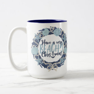 Christmas Coastal Tropical Sea Shell Wreath -Blue Two-Tone Coffee Mug