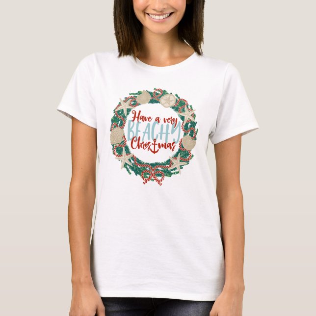 Christmas Coastal Tropical Sea Shell Wreath -Green T-Shirt (Front)