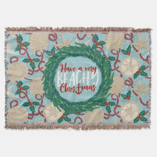 Christmas Coastal Tropical Sea Shell Wreath - Red Throw Blanket