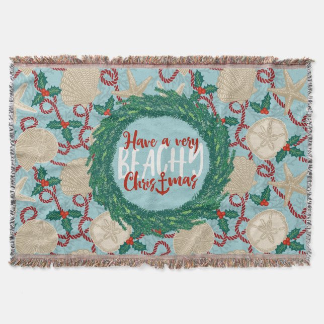 Christmas Coastal Tropical Sea Shell Wreath - Red Throw Blanket (Front)