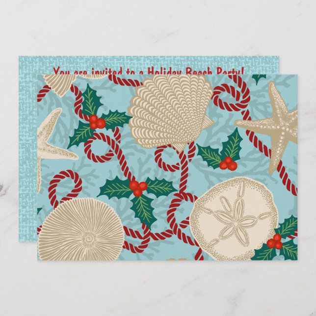 Christmas Coastal Tropical Sea Shells - Aqua & Red Invitation (Front/Back)