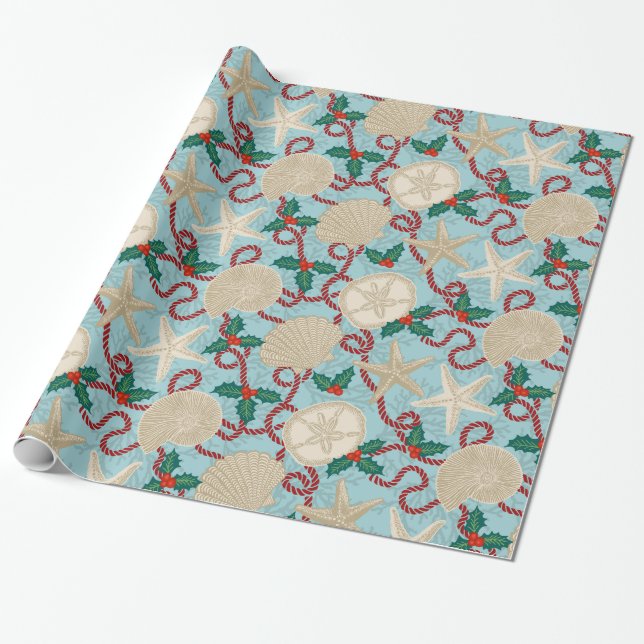 Christmas Coastal Tropical Sea Shells - Aqua Wrapping Paper (Unrolled)