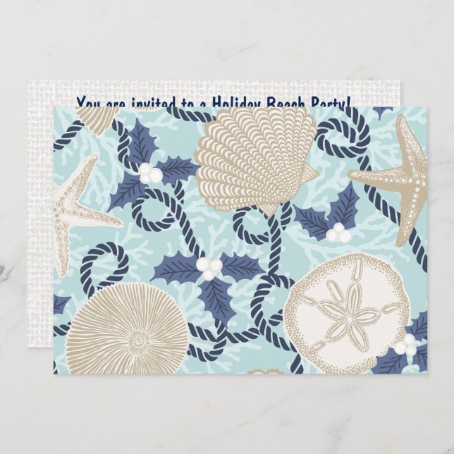 Christmas Coastal Tropical Sea Shells - Blue Invitation (Front/Back)