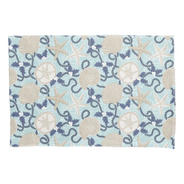Christmas Coastal Tropical Sea Shells - Blue Pillowcase (Front)