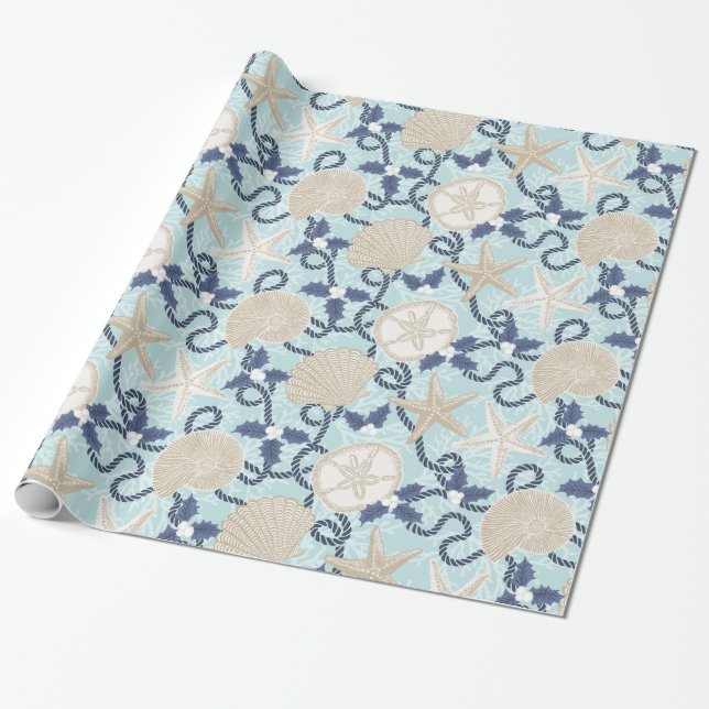 Christmas Coastal Tropical Sea Shells - Blue Wrapping Paper (Unrolled)