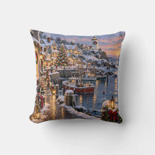 Christmas Coastal Village Lighthouse Scene Cushion