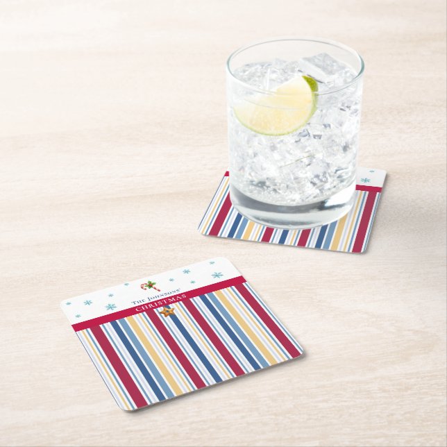 Christmas Coasters – Blue, Red & Gold Stripes (Insitu)
