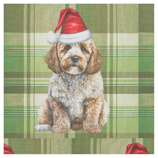 Christmas Cockapoo Dog and Green Plaid Holiday Fabric (Close Up)