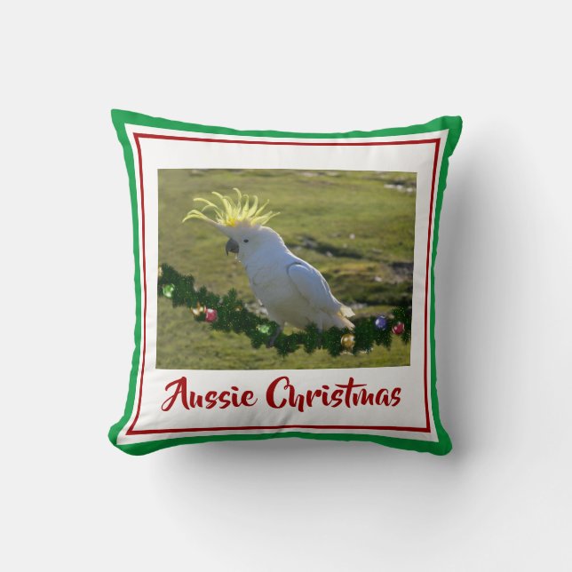 Christmas Cockatoo on Decorated Pine Bough Cushion (Front)