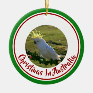 Christmas Cockatoo on Decorated Pine Branch Ceramic Tree Decoration