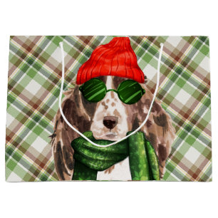 Christmas Cocker Spaniel Dog and Plaid Holiday Large Gift Bag