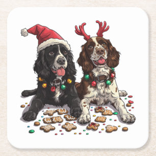 Christmas Cocker Spaniel Dogs Square Paper Coaster