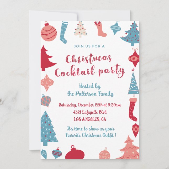 Christmas Cocktail Invitation Cute Pink and Blue (Front)