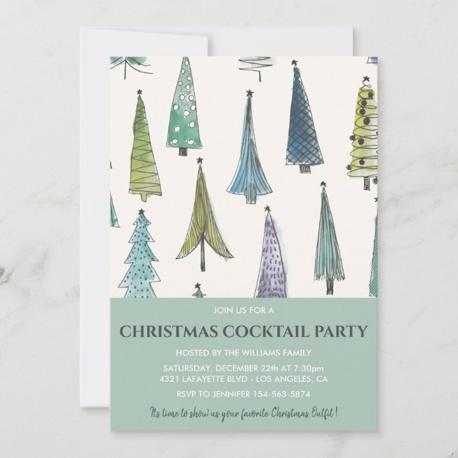 Christmas Cocktail Party Invitation Cute Trees  (Front)