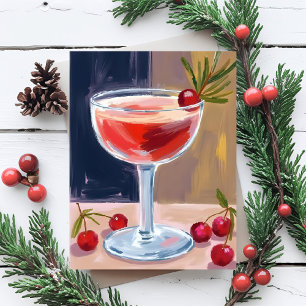 Christmas Cocktail Red Berries Pine Merry Holiday Card