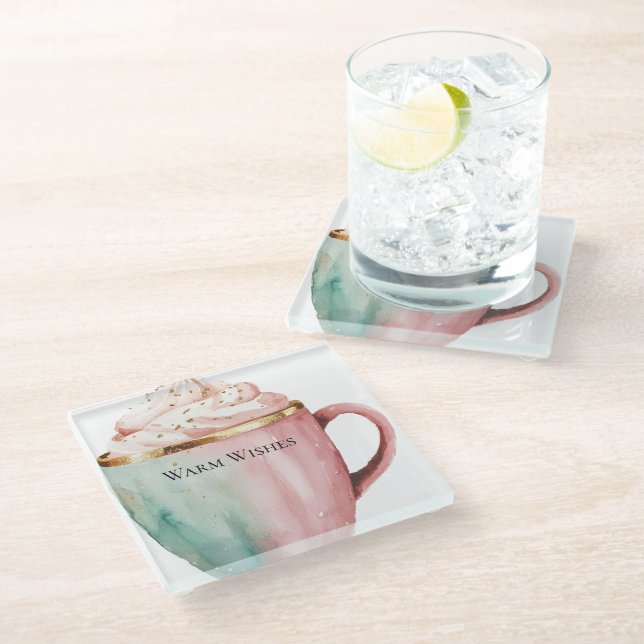 Christmas Cocoa Gold Pink Mint Warm Wishes Glass Coaster (Angled)