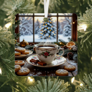 Christmas Coffee and Cookies Winter Window Scene Metal Tree Decoration