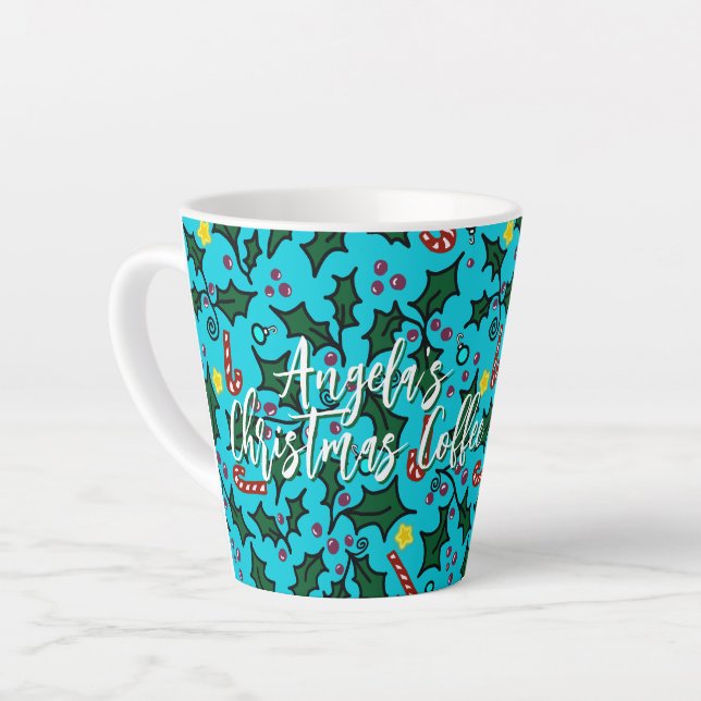 Christmas Coffee Aqua Blue Pattern With Name Latte Mug (Left Angle)