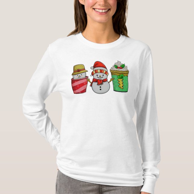Christmas Coffee Cups Snowman Long Sleeve T-Shirt (Front)