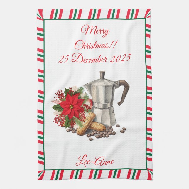 Christmas Coffee Lover Artwork with Biscotti  Tea Towel (Vertical)