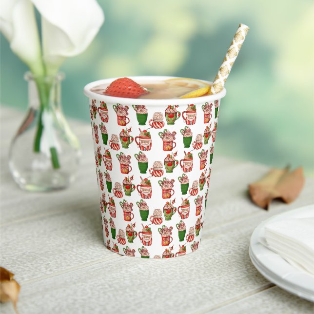 Christmas Coffee Pattern 8oz Paper Cup, Lid: None Cups (Insitu)