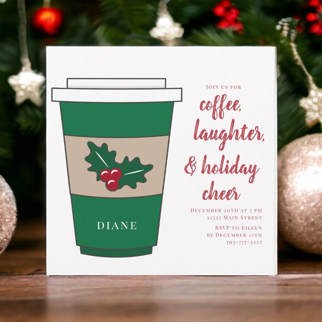 Christmas Coffee Personalised Holiday Party Holly Invitation (Creator Uploaded)