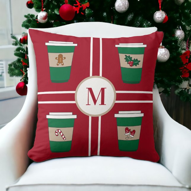 Christmas Coffee Red Monogram Red Cushion (Creator Uploaded)