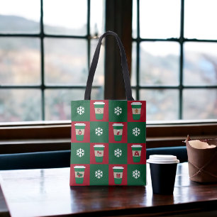 Christmas Coffee Snowflakes Chequered Holiday Tote Bag