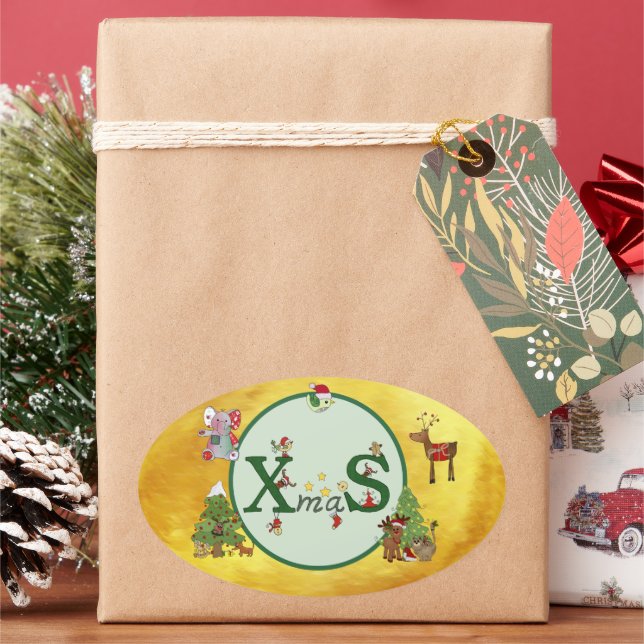 Christmas colage postcard oval sticker (Holiday)